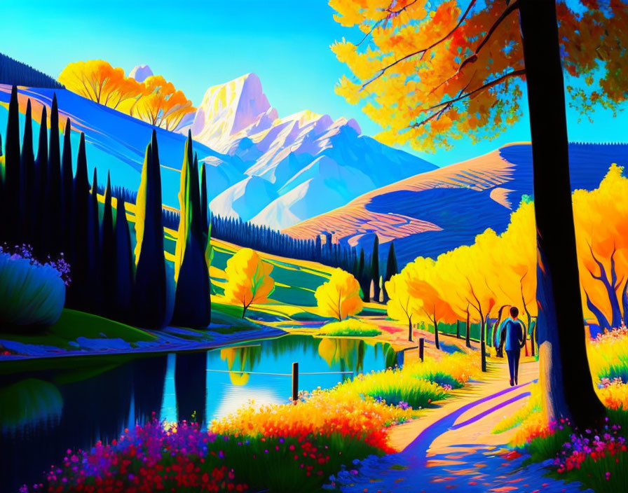 Colorful landscape artwork with mountains, trees, lake, and figure in serene setting