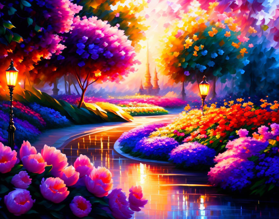 Colorful Painting: Lush Pathway with Blooming Flowers and Castle