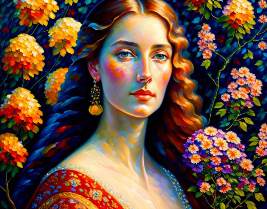 Colorful painting of woman with red hair among blooming flowers