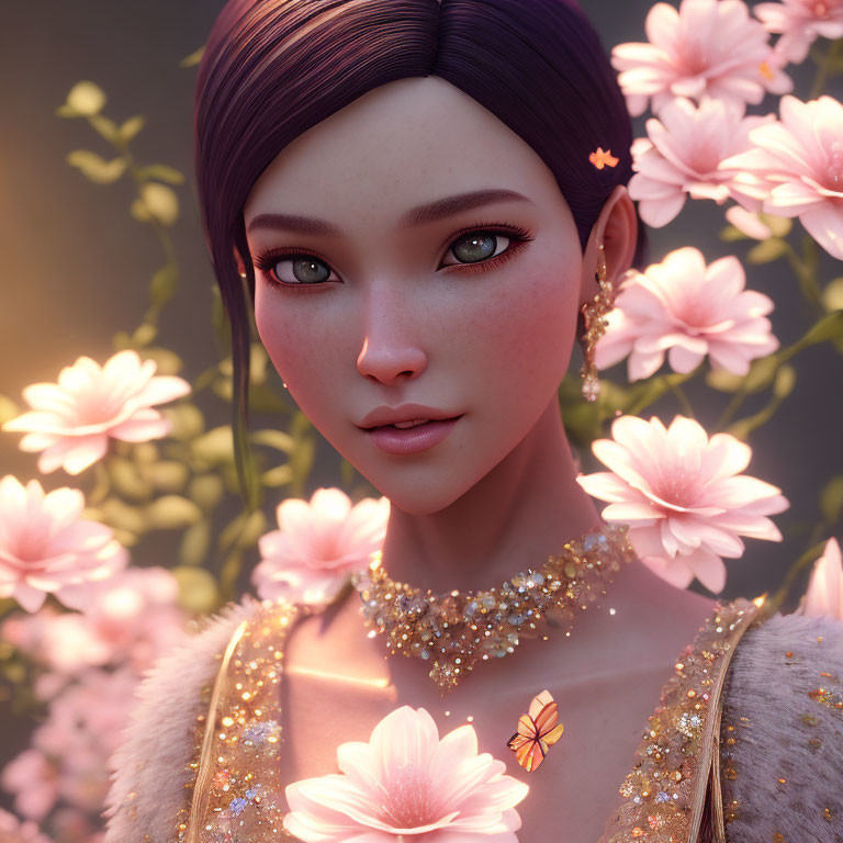 3D-rendered female character with purple hair and glowing skin among pink flowers and butterfly-themed gold jewelry