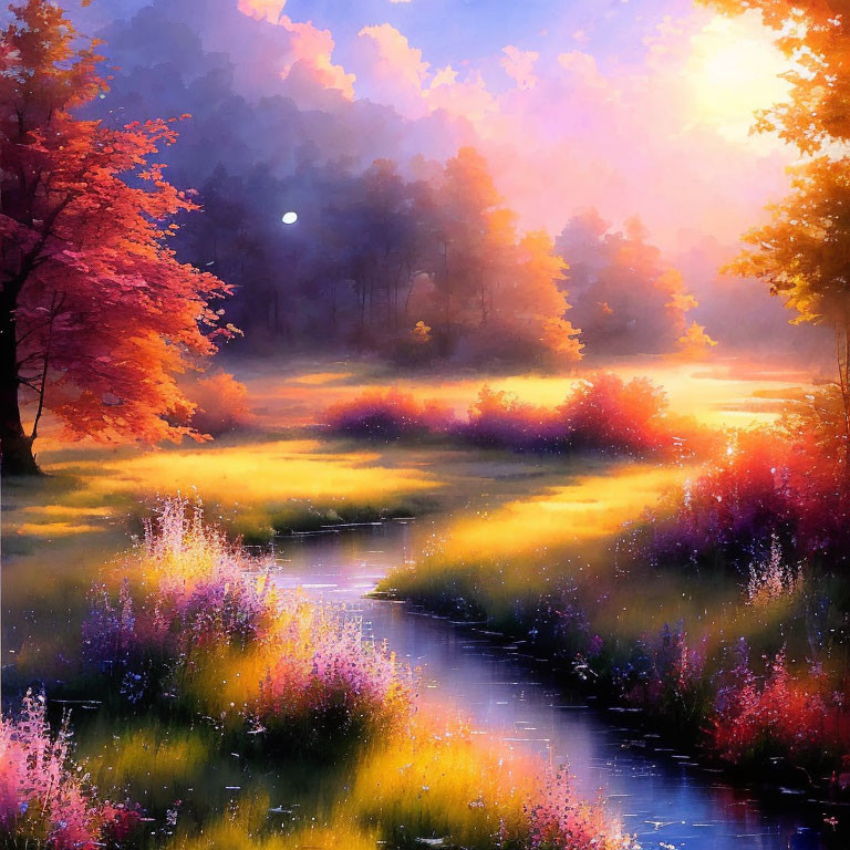 Colorful Dusk Landscape with Stream and Moon