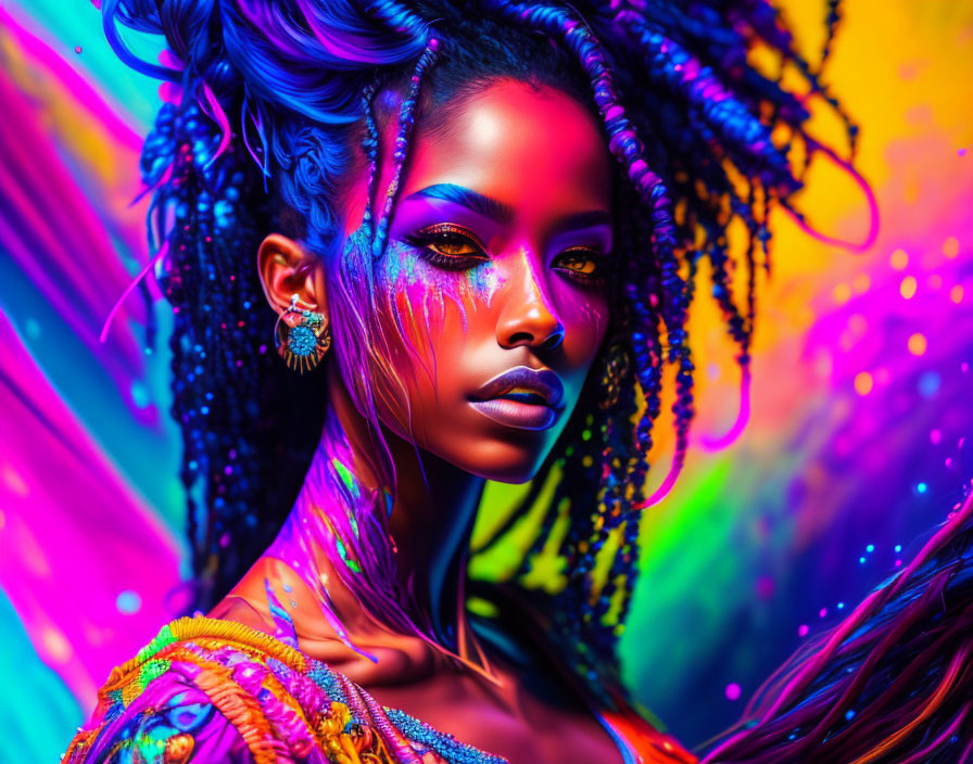 Colorful makeup and dreadlocks on woman against neon backdrop