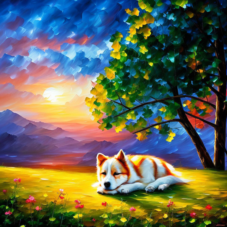 Colorful sunset painting: sleeping dog under tree