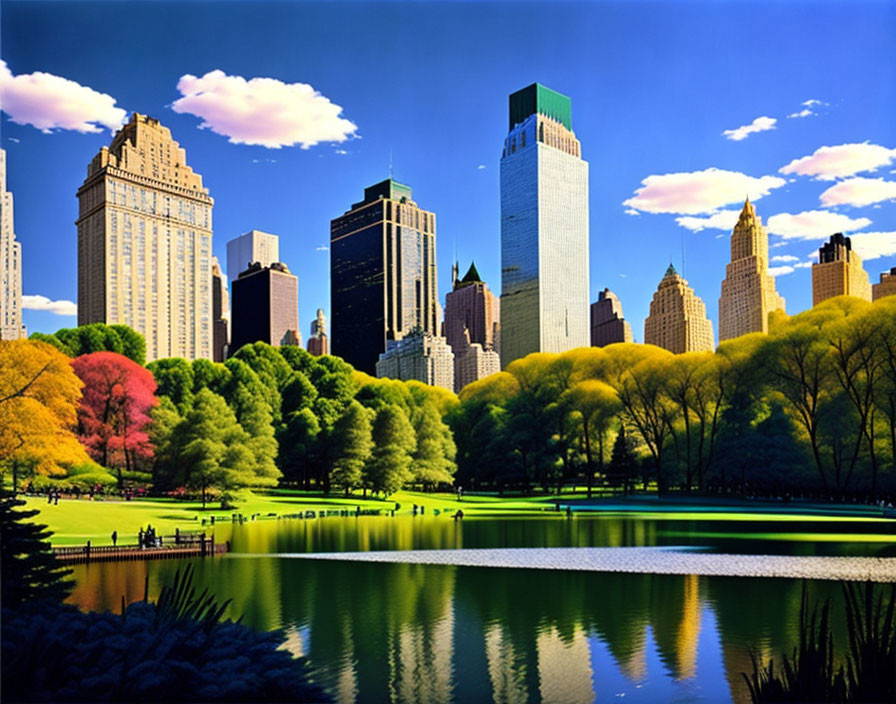 City park with skyscrapers, green trees, pond, and blue sky.