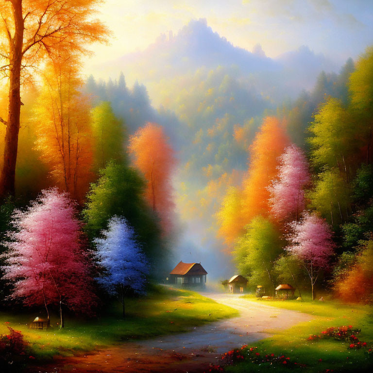 Vibrant autumn landscape with colorful trees and cozy cottages