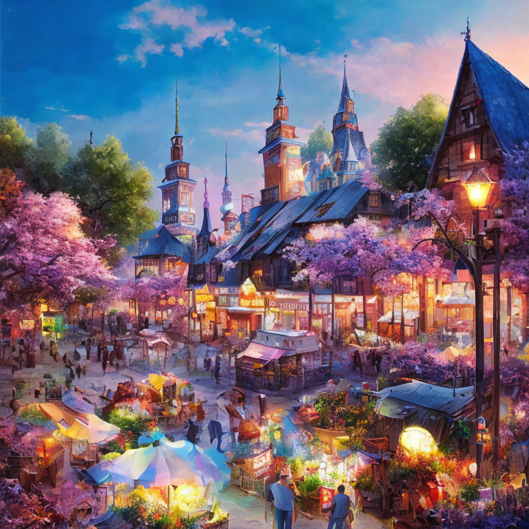 Busy Dusk Marketplace with Pink Trees and Old-style Buildings