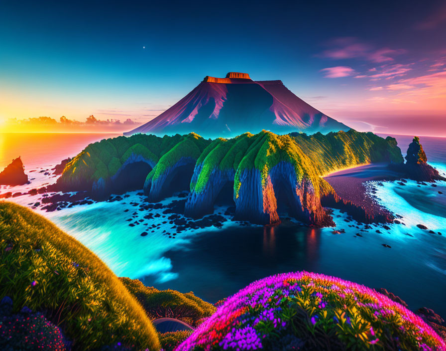 Scenic landscape with distant volcano, lush greenery, colorful flowers, and serene ocean under sunset sky