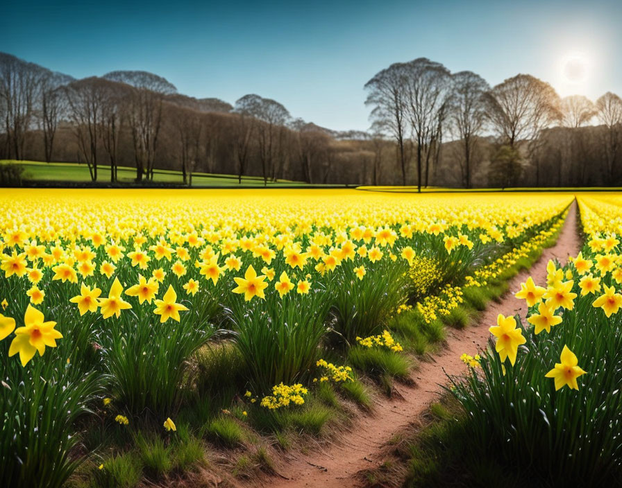 Lush yellow daffodil field with dirt path and trees under sunny sky