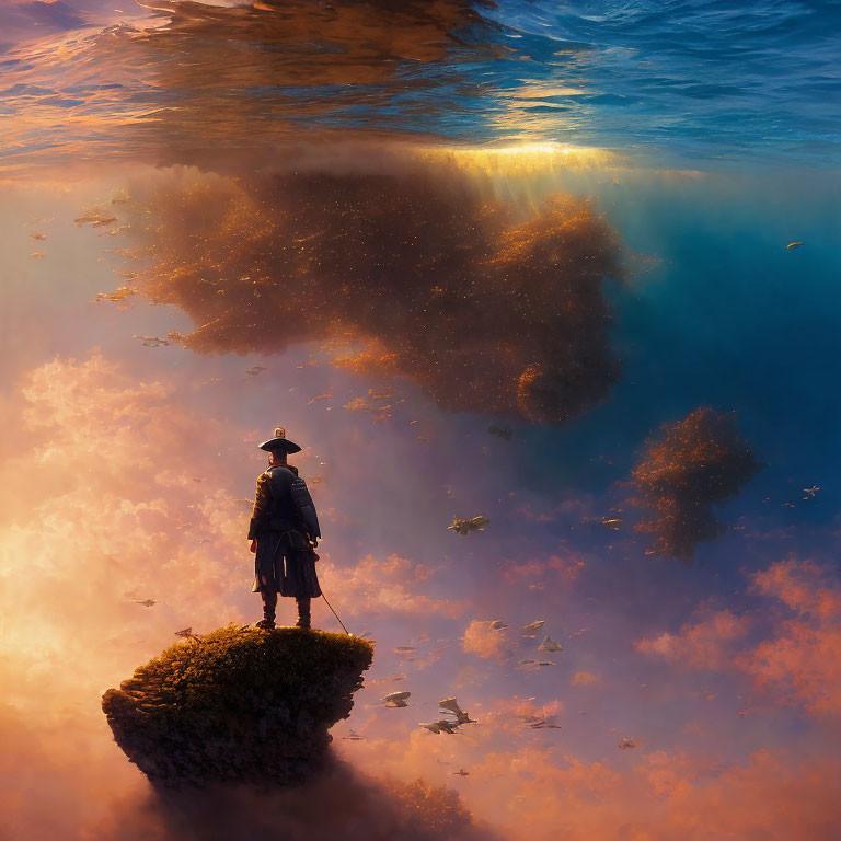 Figure in hat and coat on floating rock in cloudy sky with swimming fish