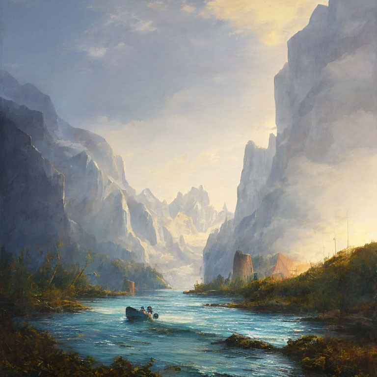 Mountainous landscape with river, boat, cliffs, and village scene.