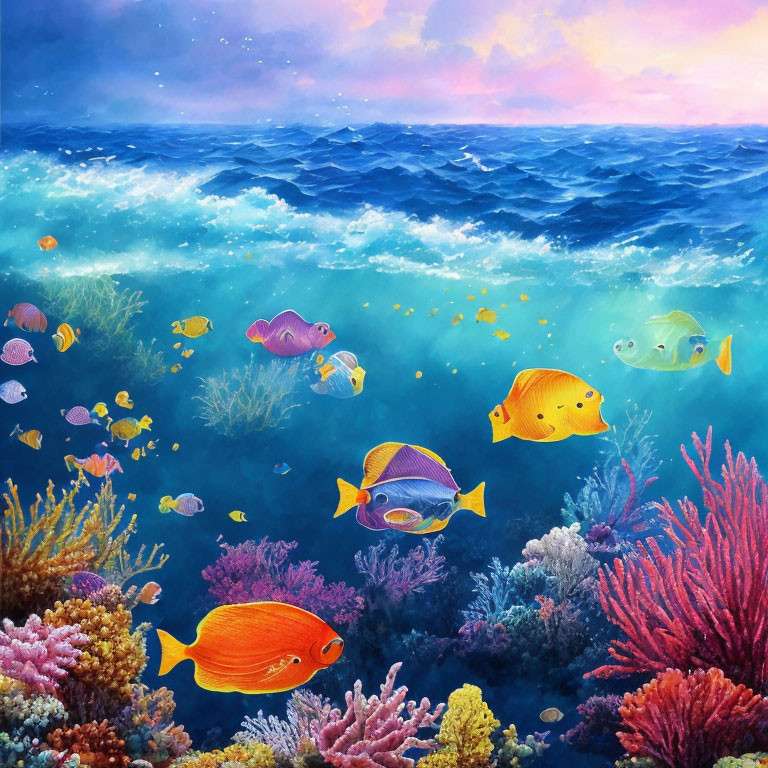 Colorful Fish Swimming in Vibrant Underwater Coral Reef Scene