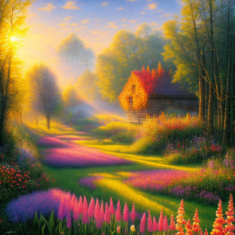 Colorful landscape with wooden cottage and blooming flowers in sunlight