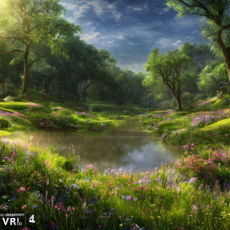 Tranquil Landscape with Stream, Trees, and Wildflowers