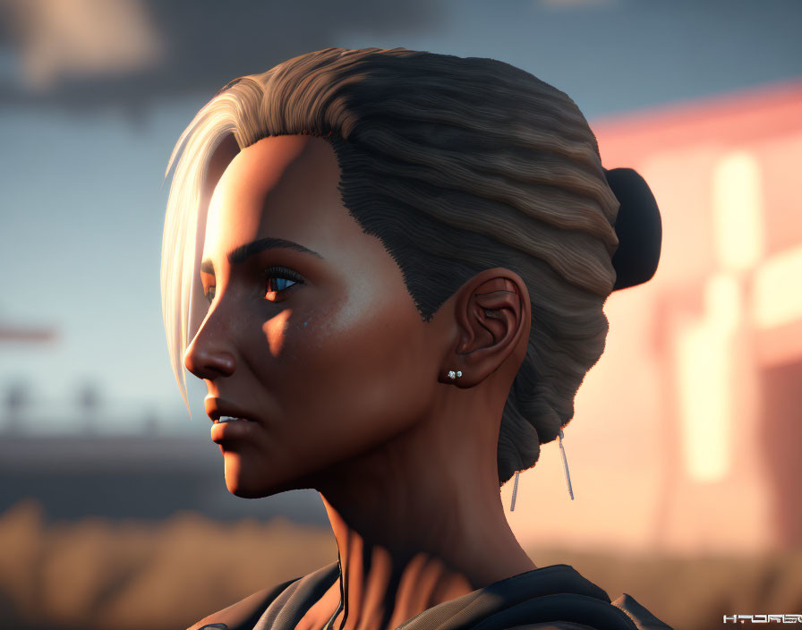 Blonde woman with earrings in 3D render against sunset