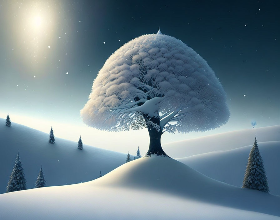 Snow-covered large tree on hill under night sky with bright star