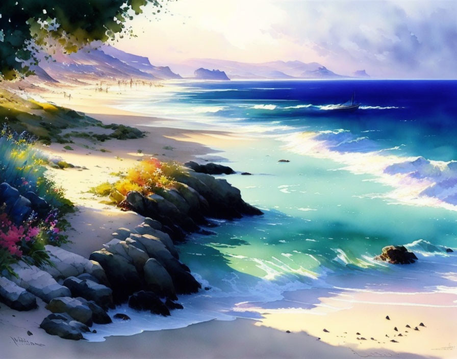 Tranquil beach painting with turquoise waters and misty mountains