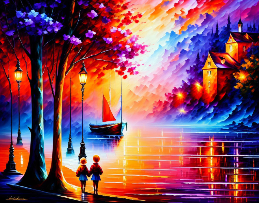 Children by vibrant waterfront with lamp posts, sailing boat, and colorful trees