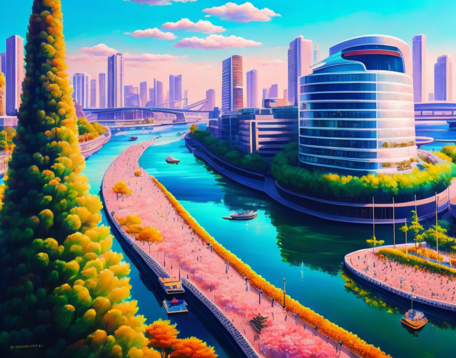 Colorful flora, winding river, boats, and sleek buildings in vibrant futuristic cityscape