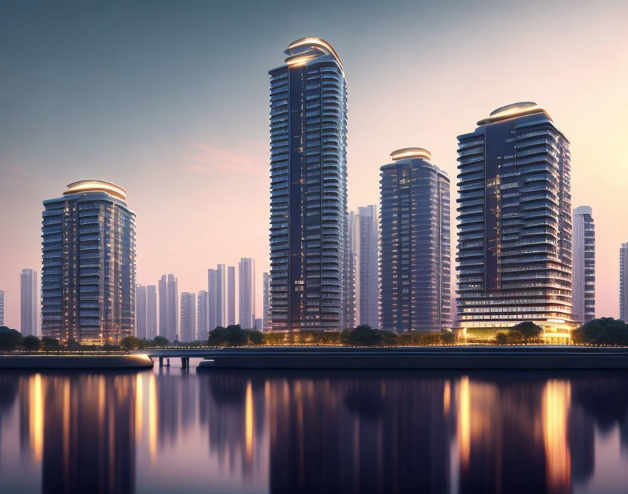 Curved modern skyscrapers by waterfront at dusk