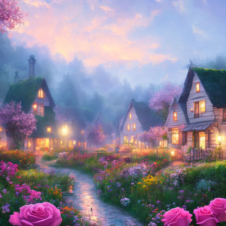 Charming village scene at twilight with cozy cottages and blooming flowers