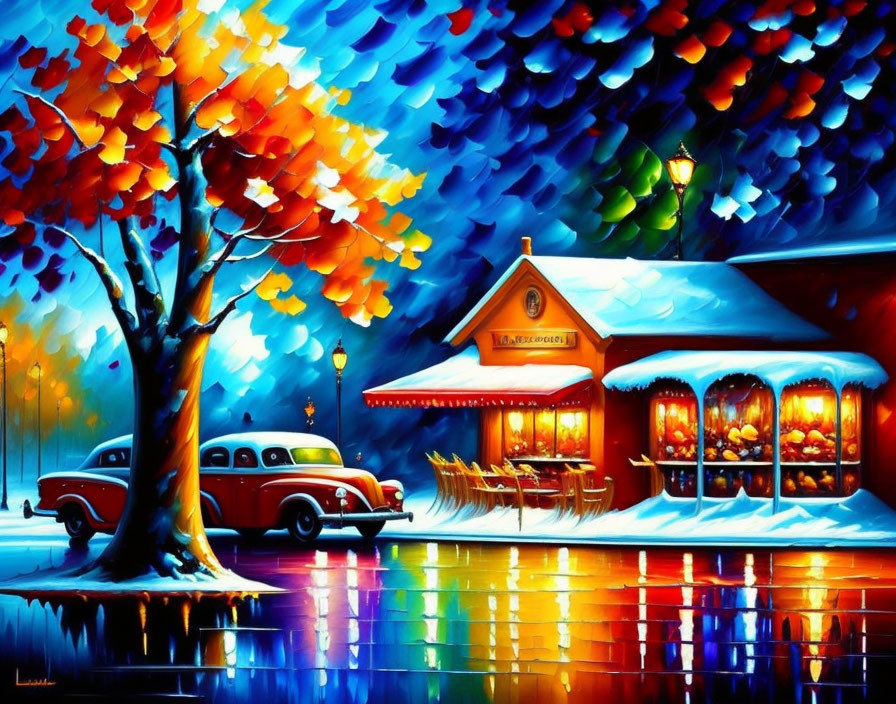 Nighttime café scene with classic car in vibrant painting