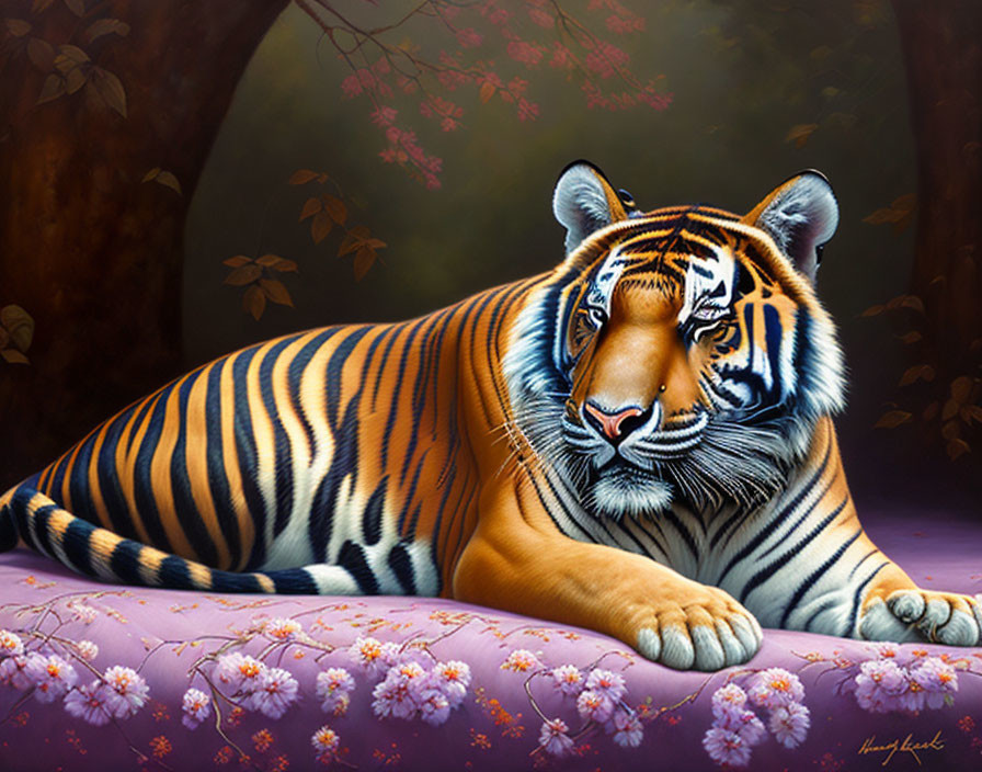 Majestic tiger with vivid stripes in purple flower forest