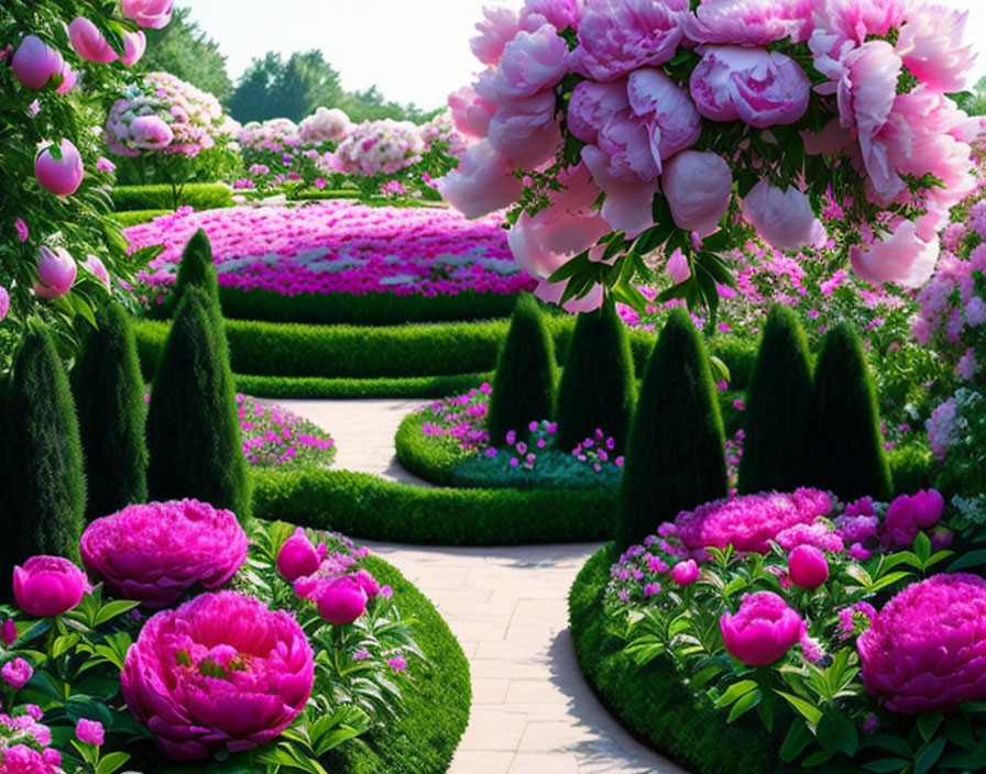 Lush Garden Path with Pink Peonies and Topiary