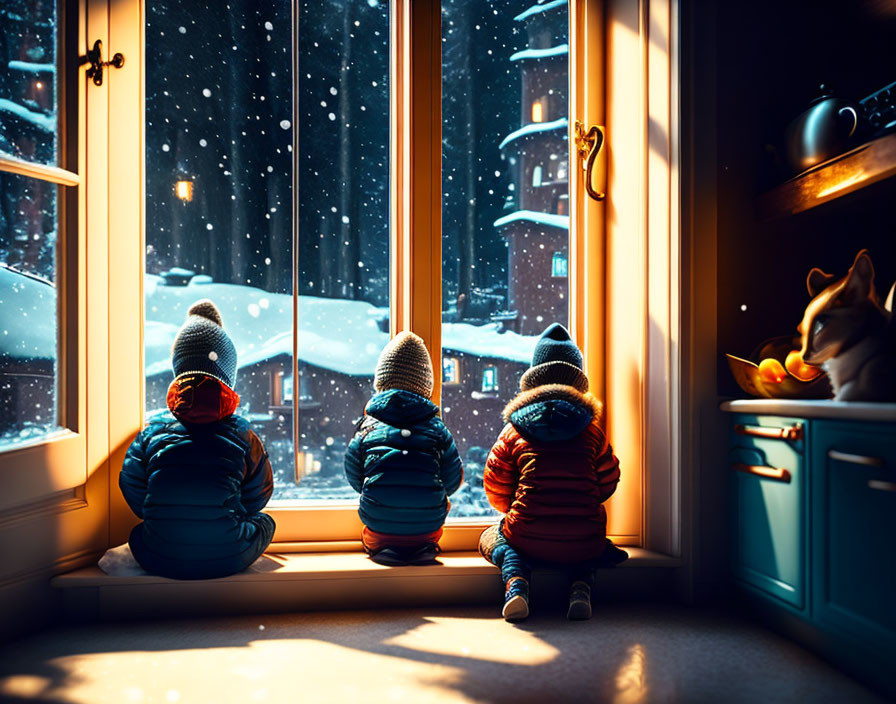 Group of people and a dog in winter attire by window overlooking snowy scene