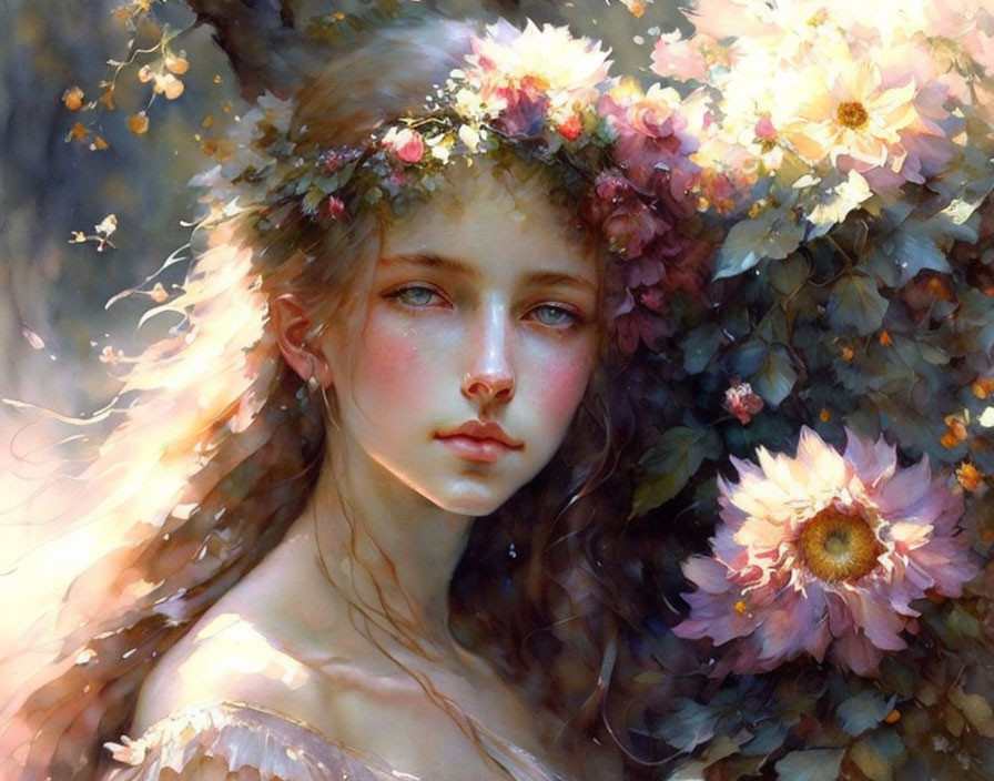 Young woman with floral crown in dreamy portrait among soft-focus flowers