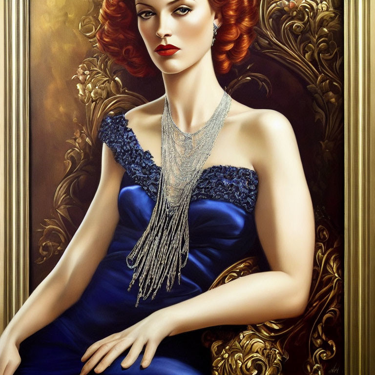 Fiery red-haired woman in blue dress with silver necklace on gilded frame