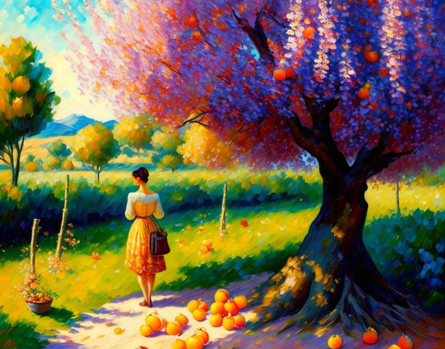 Woman under fruit-laden tree on sunlit path in serene autumn setting