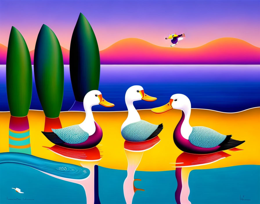 Vibrant sunset scene with stylized ducks on colorful lake