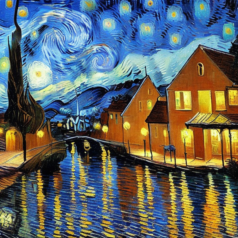 Vibrant painting of starry night over small town with swirling blue sky