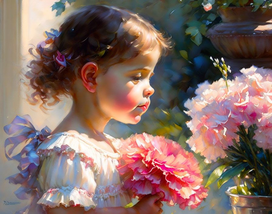 Young girl with curly hair admiring pink flowers in sunlight