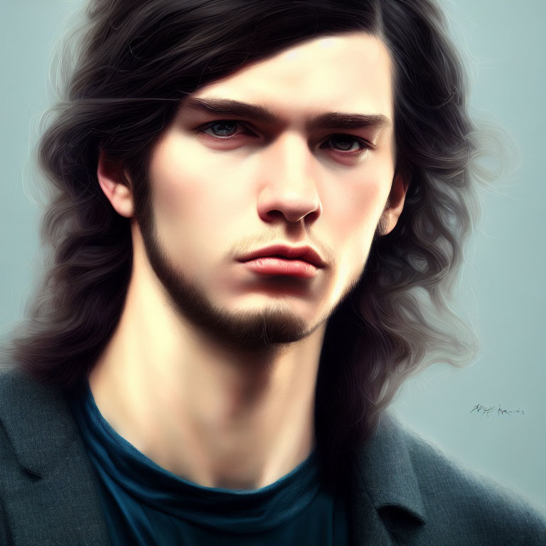 Young man with long wavy hair and intense eyes in blue shirt and grey jacket