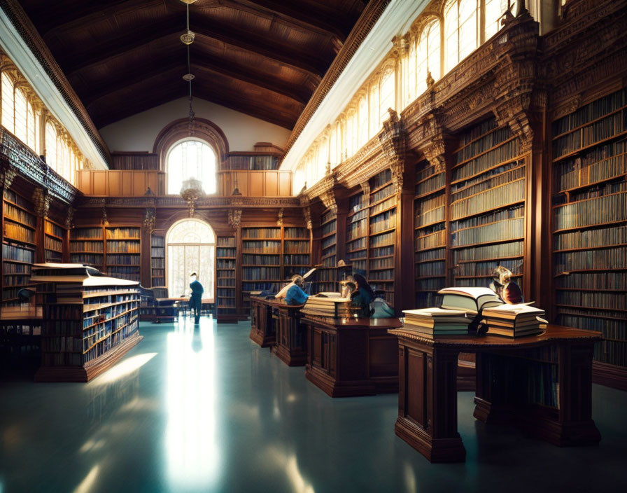 Spacious well-lit library with towering bookshelves and reading desks.