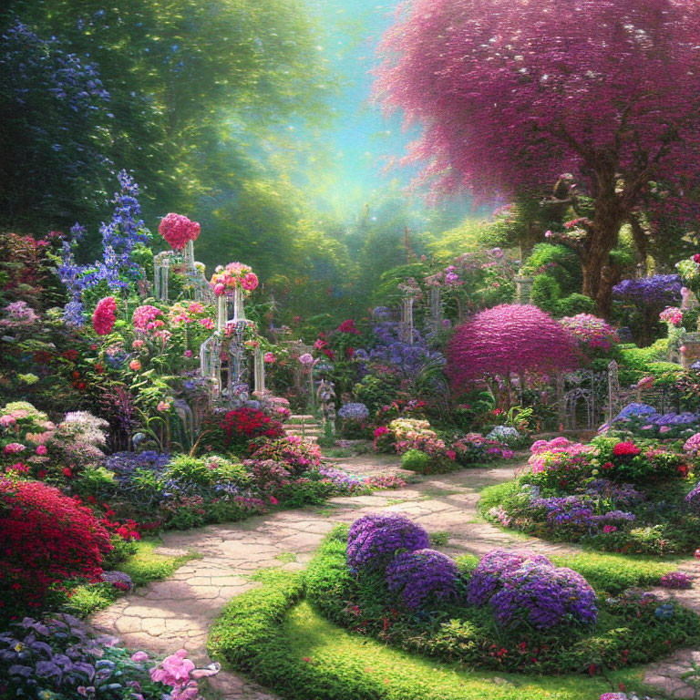 Lush Flower Garden Path with Sunlight Filtering Through Trees