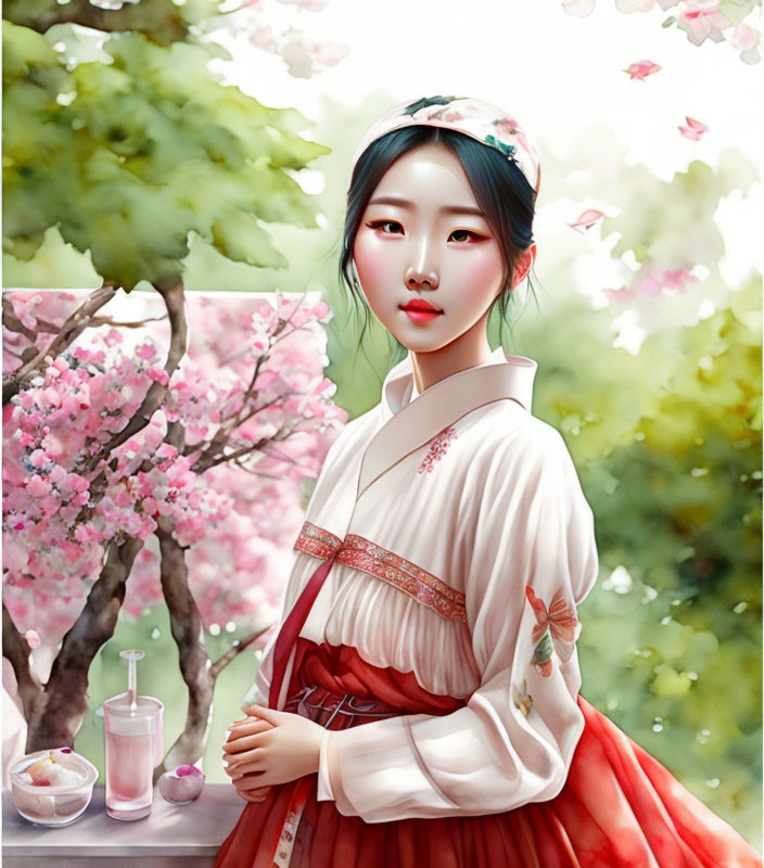 Traditional Korean Hanbok and Blossoming Trees Illustration