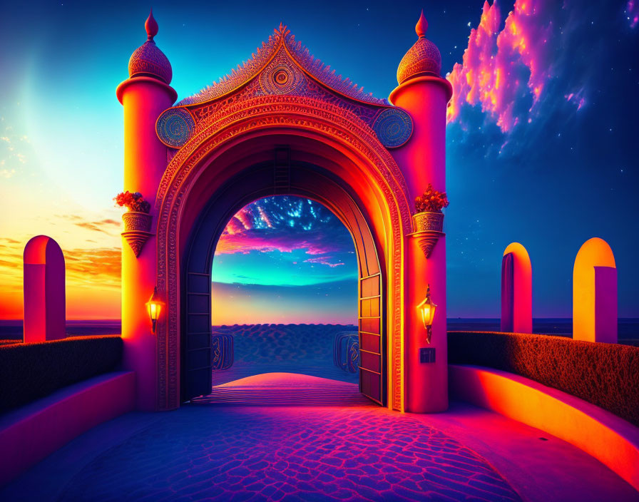 Intricate golden archway under purple desert sunset