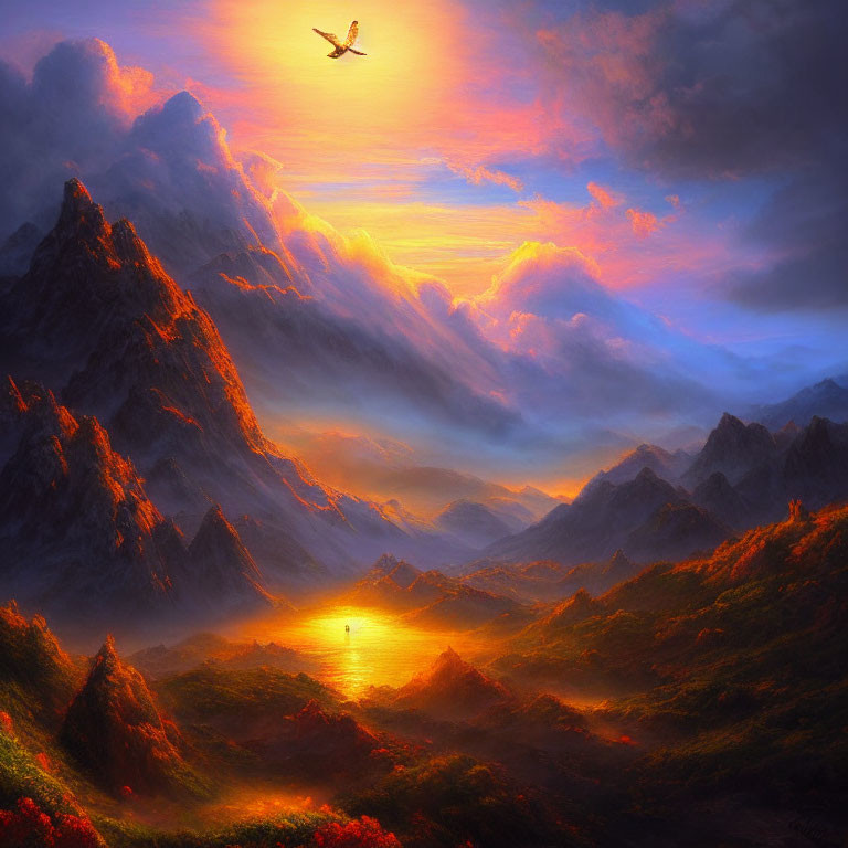 Scenic landscape: mountains, golden sunset, clouds, bird, reflective lake.