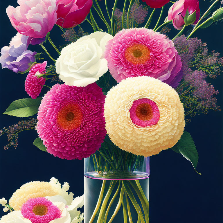 Colorful Flower Bouquet with Pink and White Blooms in Glass Vase