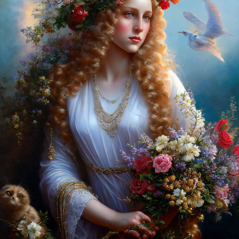 Blond woman in white dress with flowers, owl, and dove