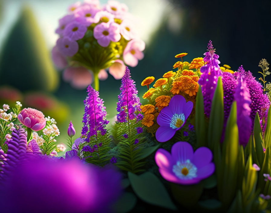 Colorful Flower Garden Bathed in Soft Sunlight