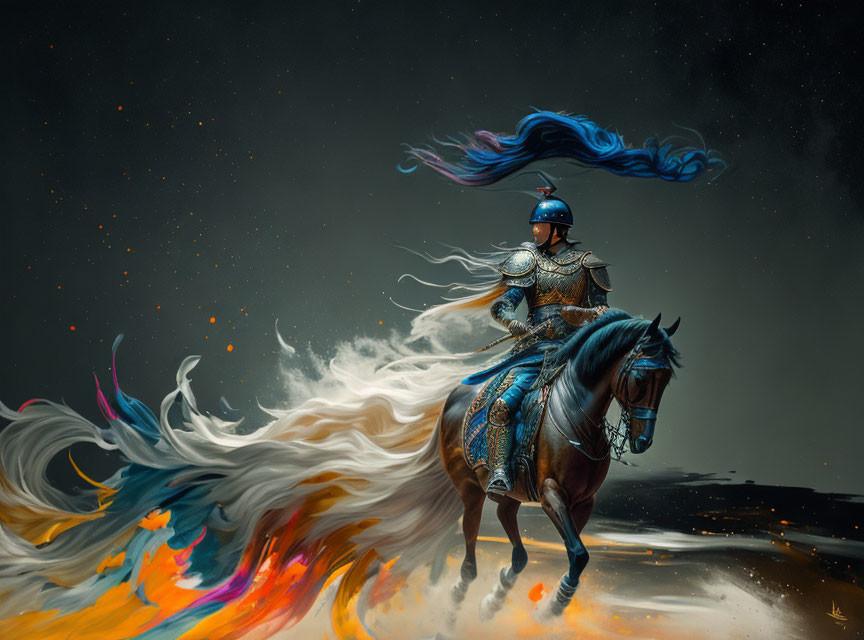 Knight on Horseback with Fiery Mane in Starry Night Sky