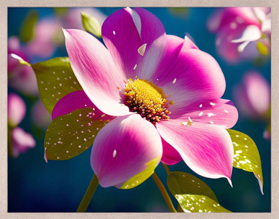 Vibrant pink and white flower with yellow center on green leaf backdrop.