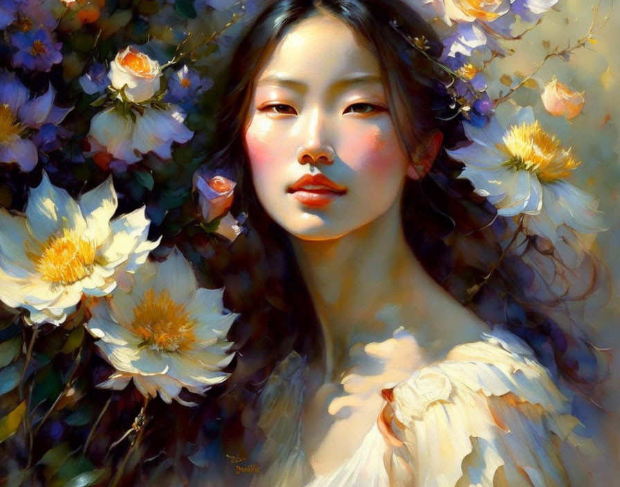 Woman portrait with colorful flowers in soft light