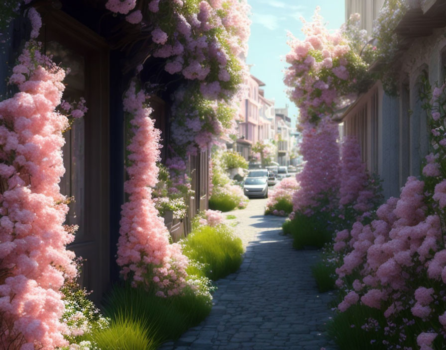 Blooming pink cherry blossoms on a quaint sunlit street.