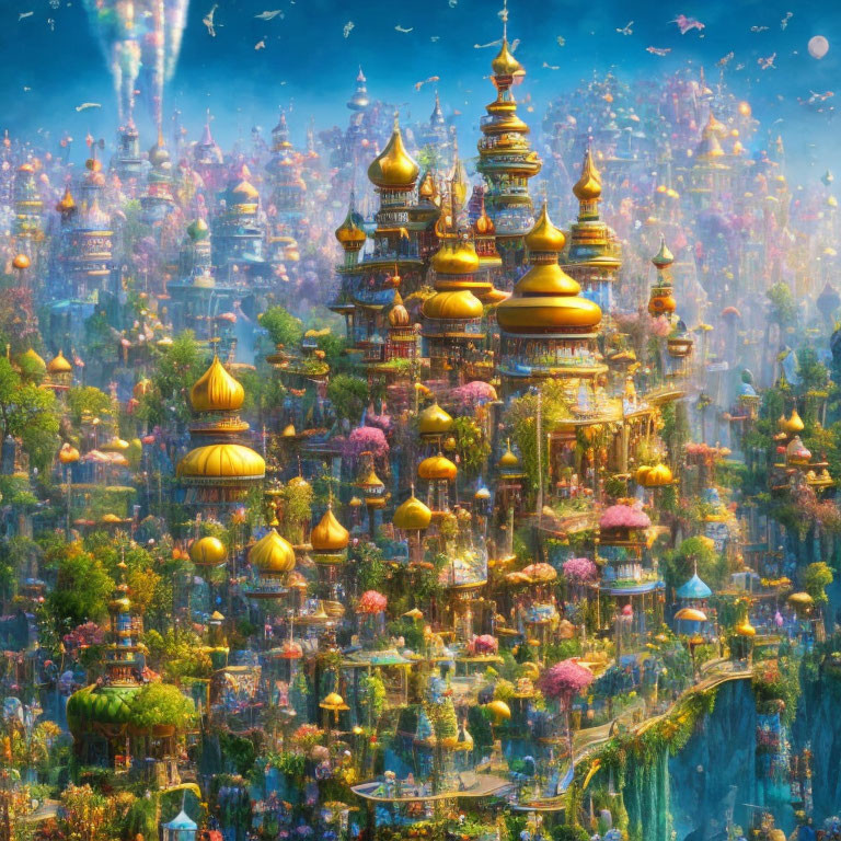 Fantastical Cityscape: Golden Towers, Lush Greenery, Waterfalls & Flying Creatures