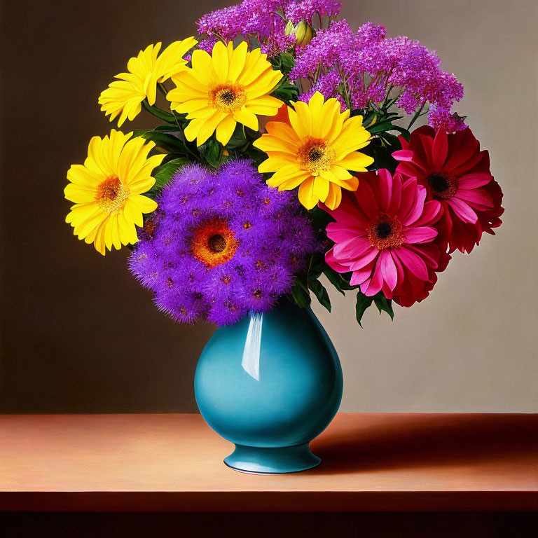 Colorful Flower Bouquet in Teal Vase on Neutral Background