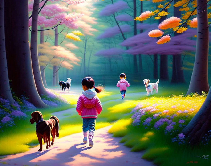 Children and dogs walking in vibrant forest with pink flowering trees